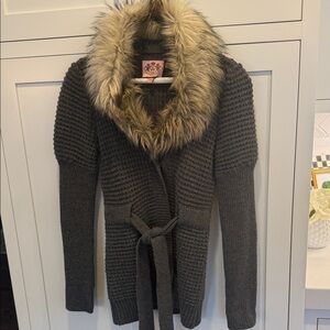 Juicy Couture Charcoal Wrap Sweater w/ removable Faux Fur Trim Sz P (XS)